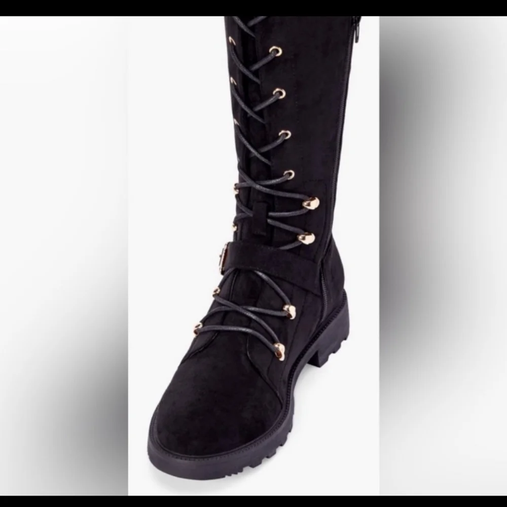 Women's faux suede lace front buckle black high boots size 6